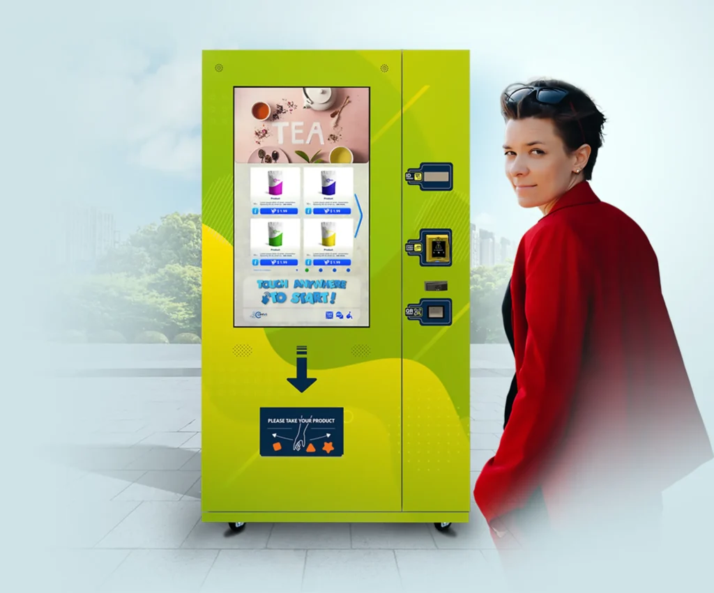 DMVI touchscreen retail cabinet in a clean lifestyle setting