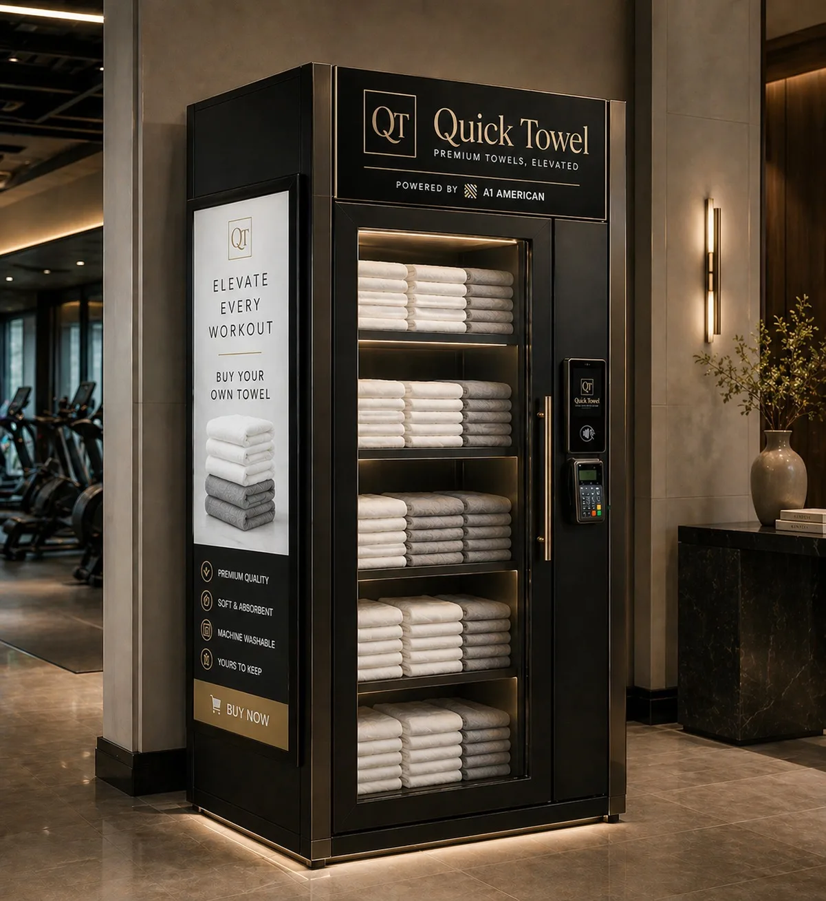 Black Quick Towel vending machine in an upscale gym or hotel fitness lobby