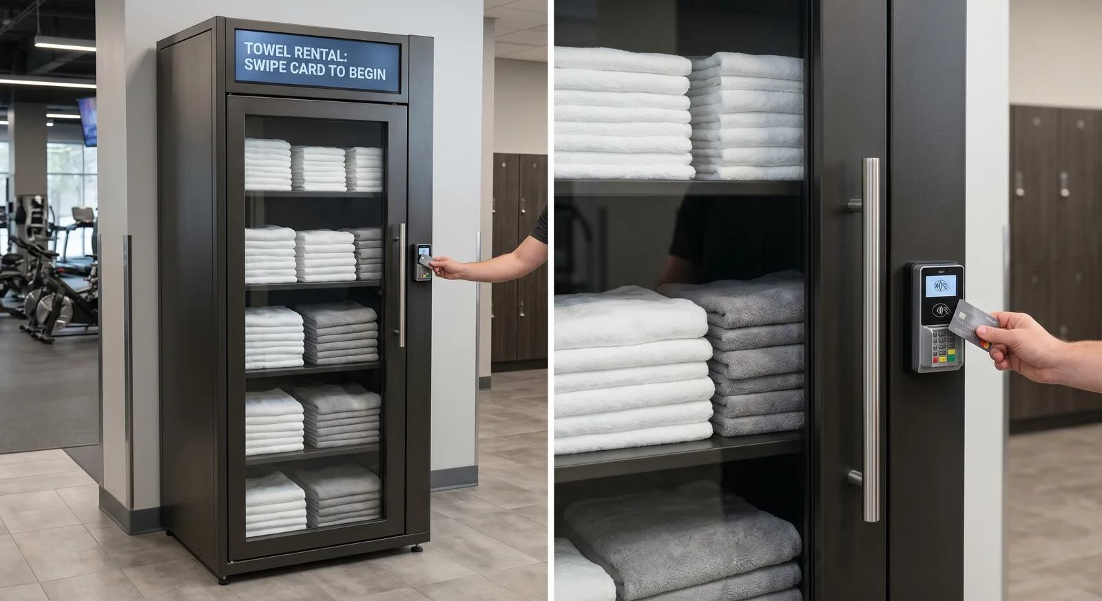 Glass-front automated towel retail kiosk with digital topper screen and visible folded towels