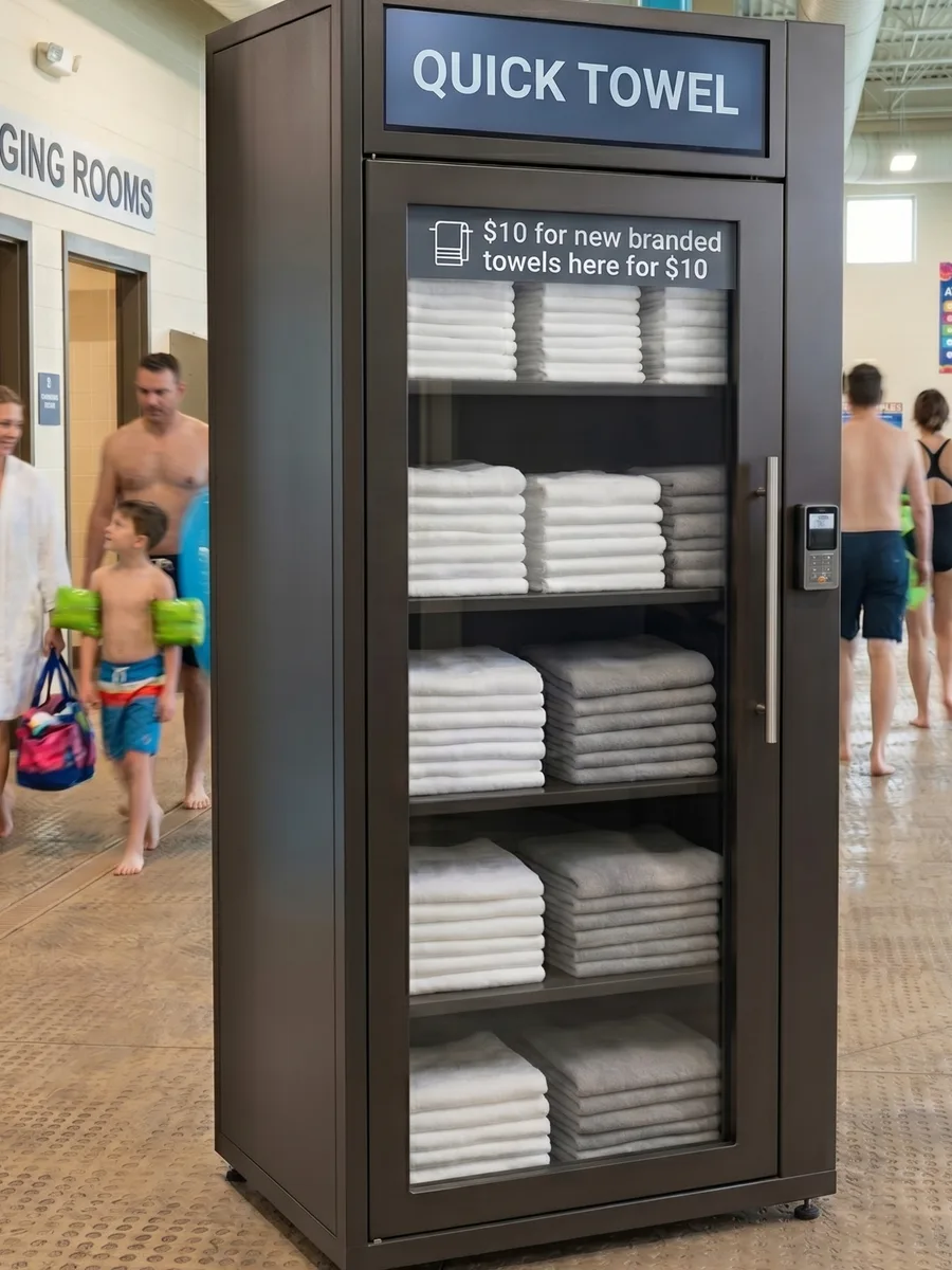 Portrait towel vending machine image in a busy waterpark or public pool setting