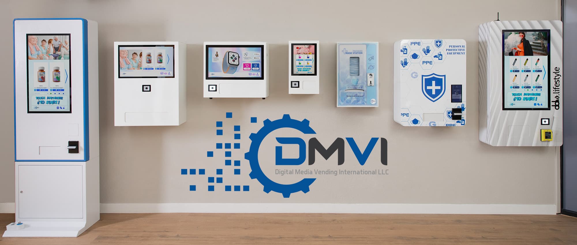 DMVI wall mounted touchscreen vending machine lineup displayed in a showroom