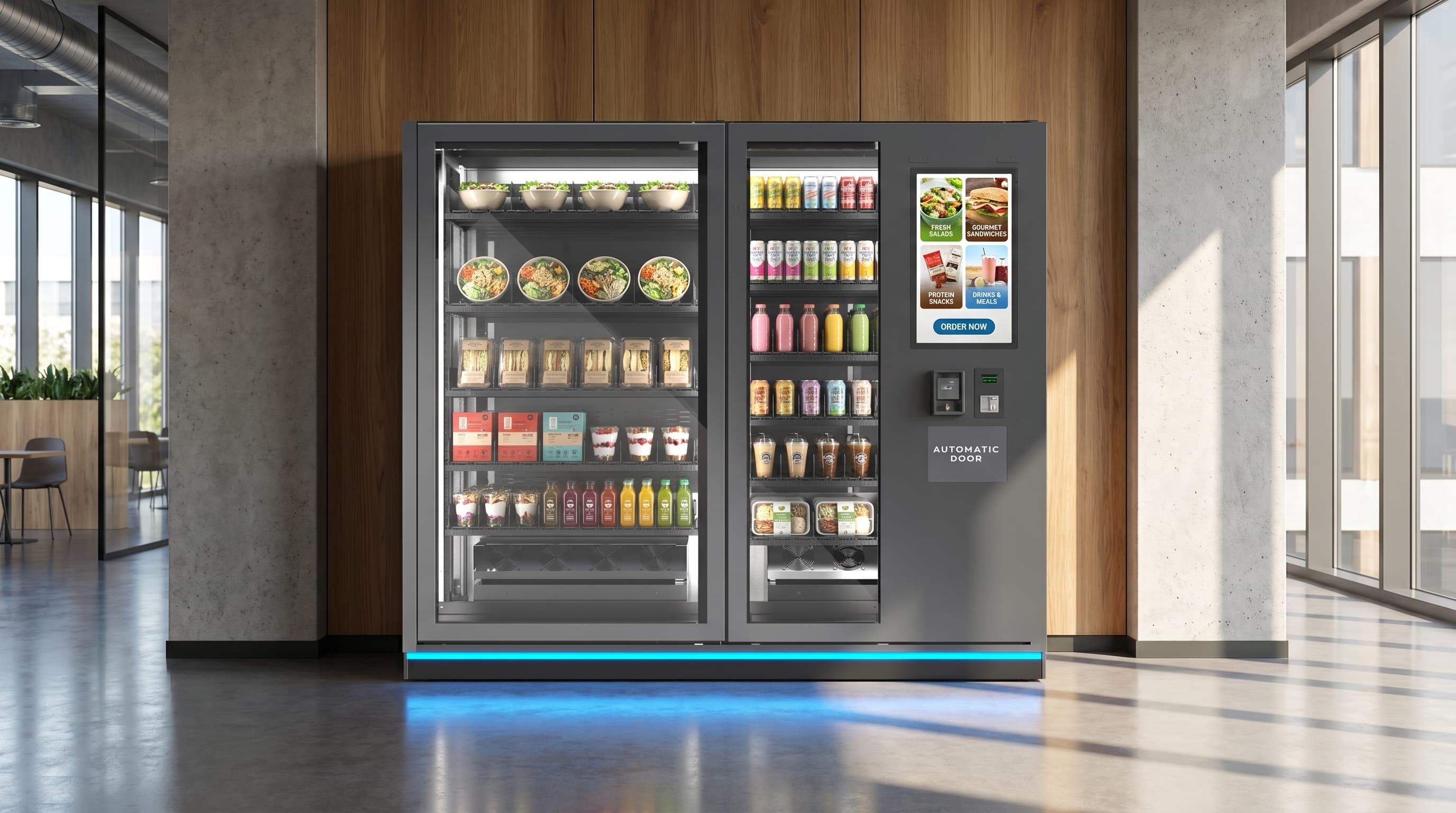 Fresh food and micro-market vending setup in a modern workplace setting