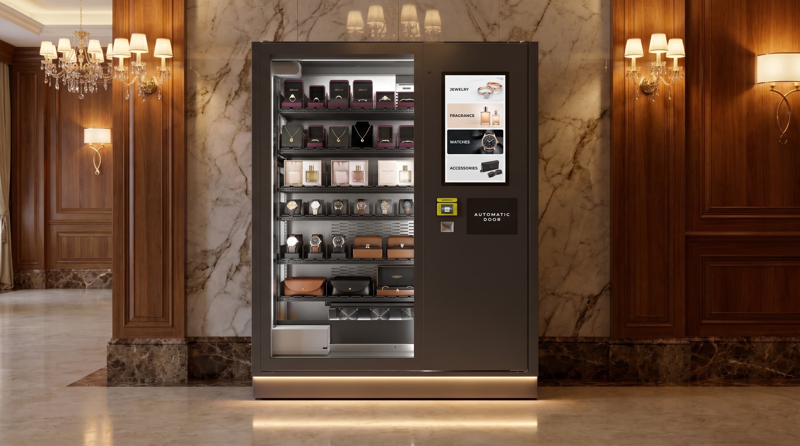 DMVI M-Series luxury vending machine with jewelry and premium accessories in an upscale interior