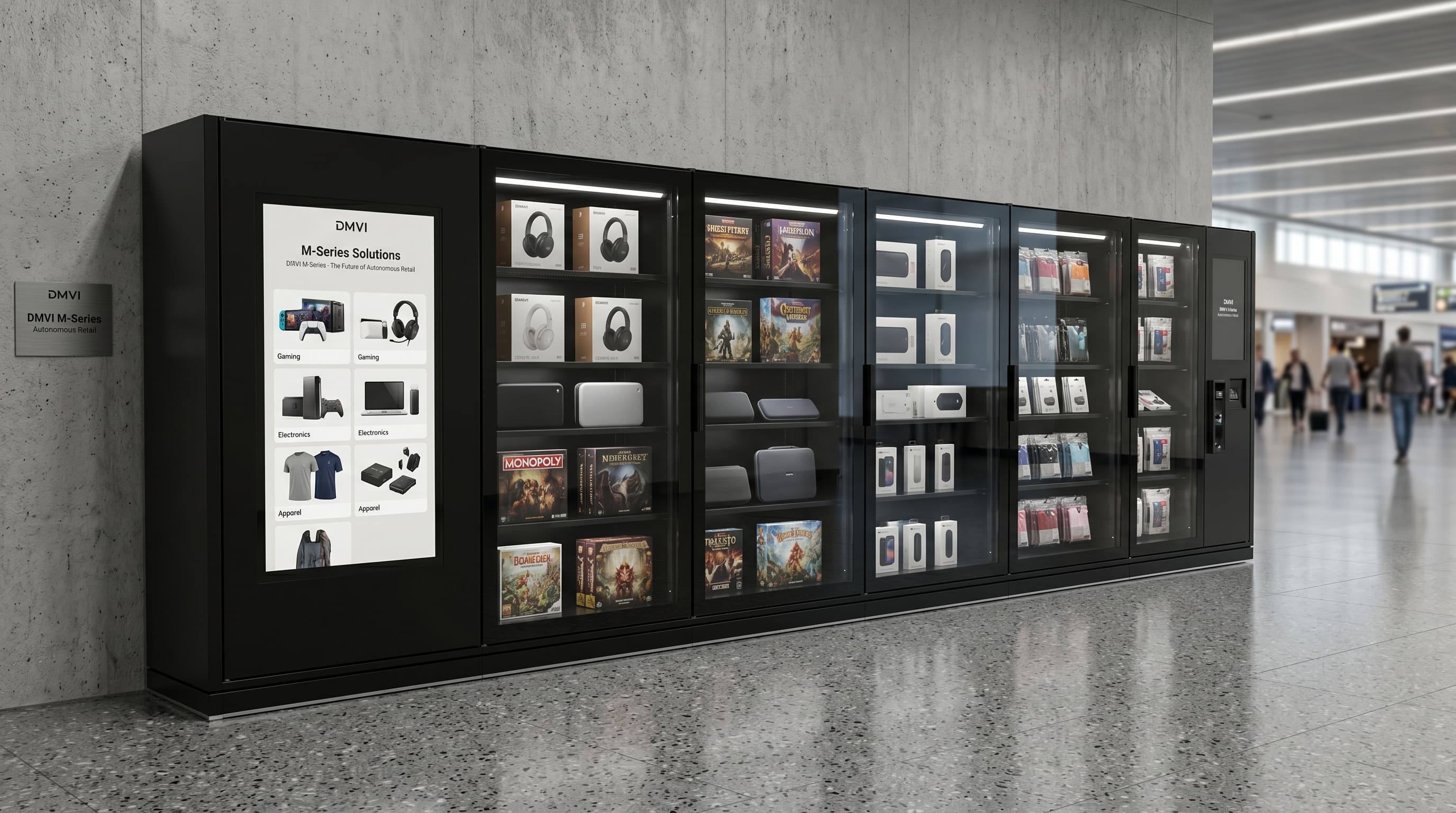 DMVI autonomous retail machine in a modern commercial setting suited to cloud-connected operations