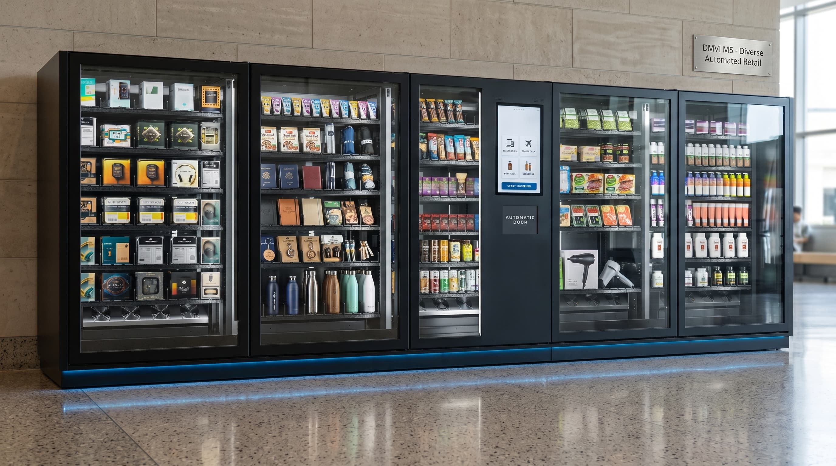 DMVI autonomous retail machine with a broad mixed-product assortment in a polished public interior