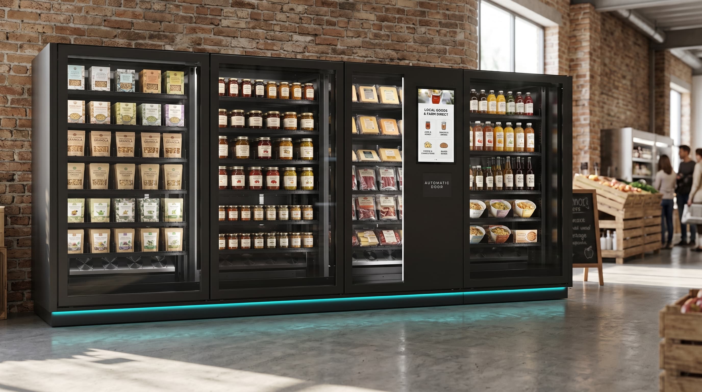 DMVI autonomous retail machine in an indoor farm-market setting with packaged local goods