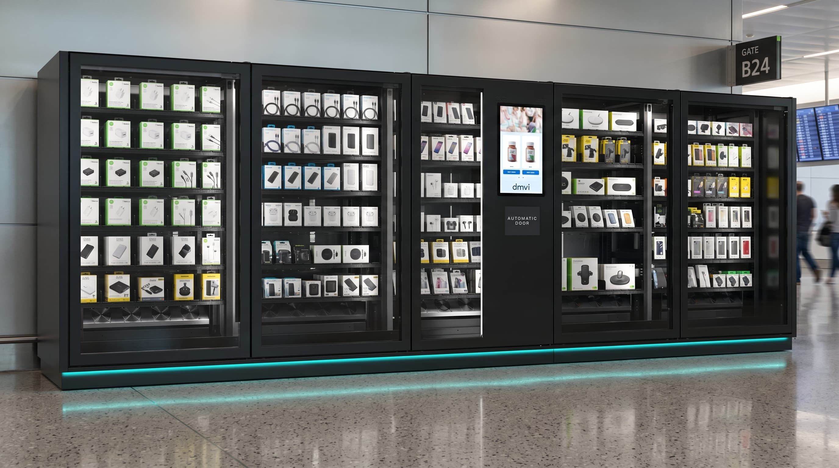 DMVI autonomous retail machine for mobile-tech accessories in an airport concourse