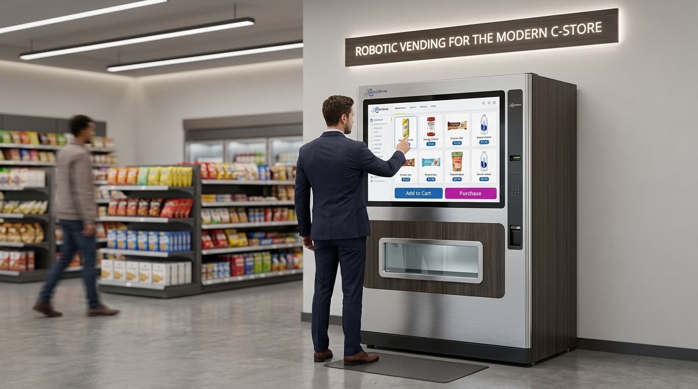 Customer using a modern touchscreen vending machine in a high-end retail setting