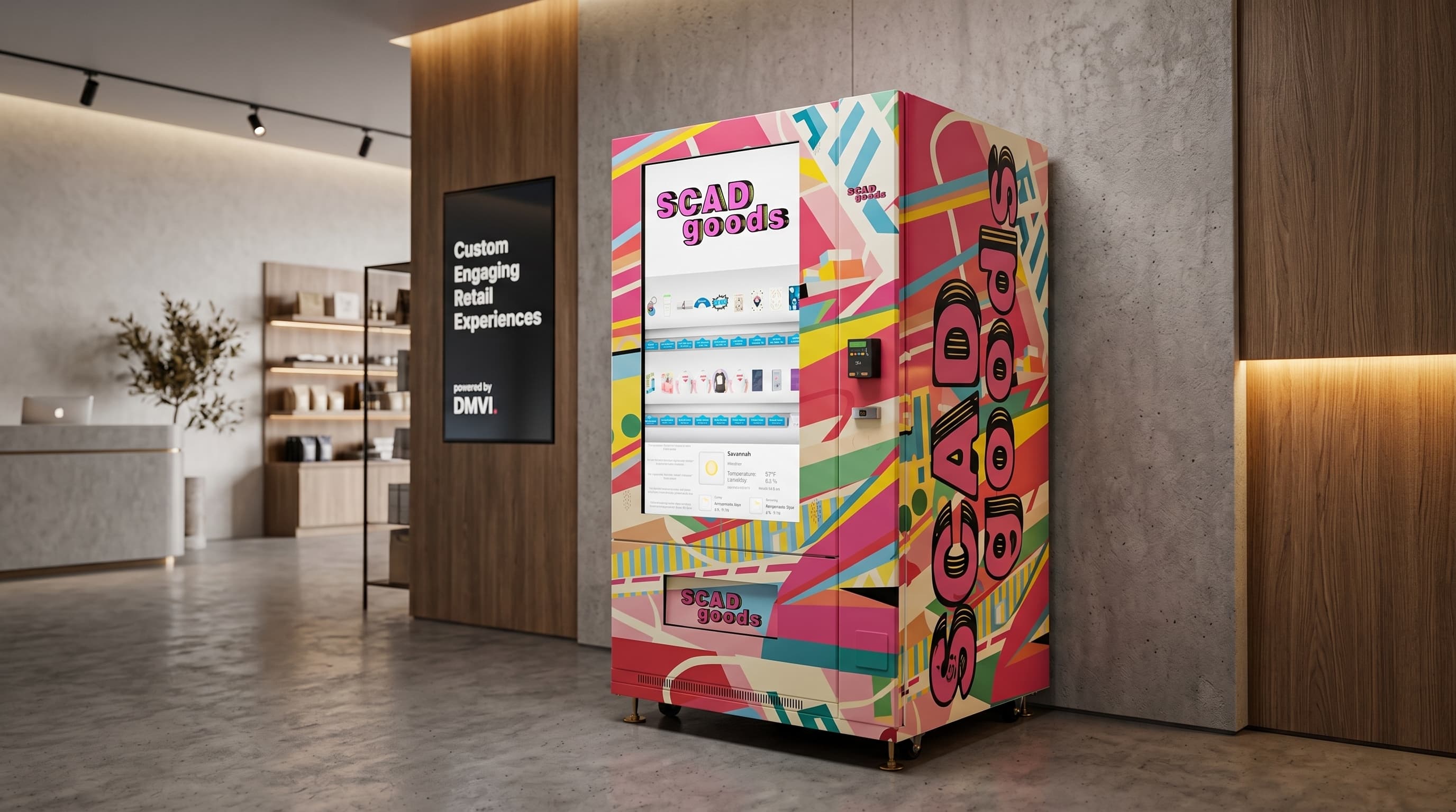 Branded DMVI touchscreen vending machine in a polished indoor retail activation space