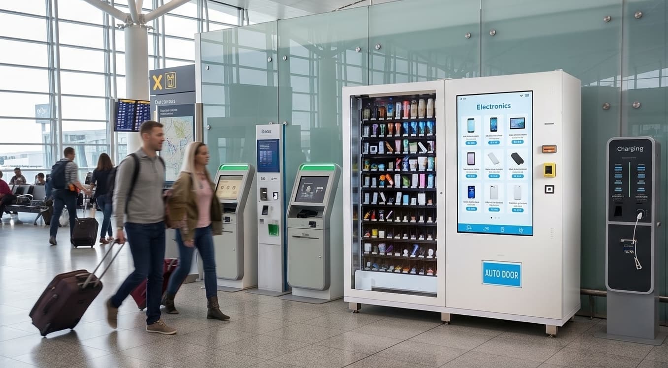 Electronics vending machine with travel tech products in an airport concourse