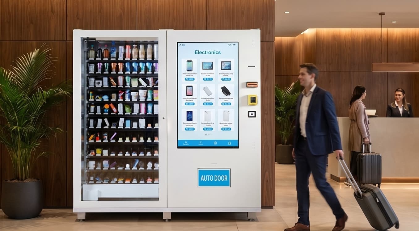 High-tech electronics vending machine in a hotel lobby retail point