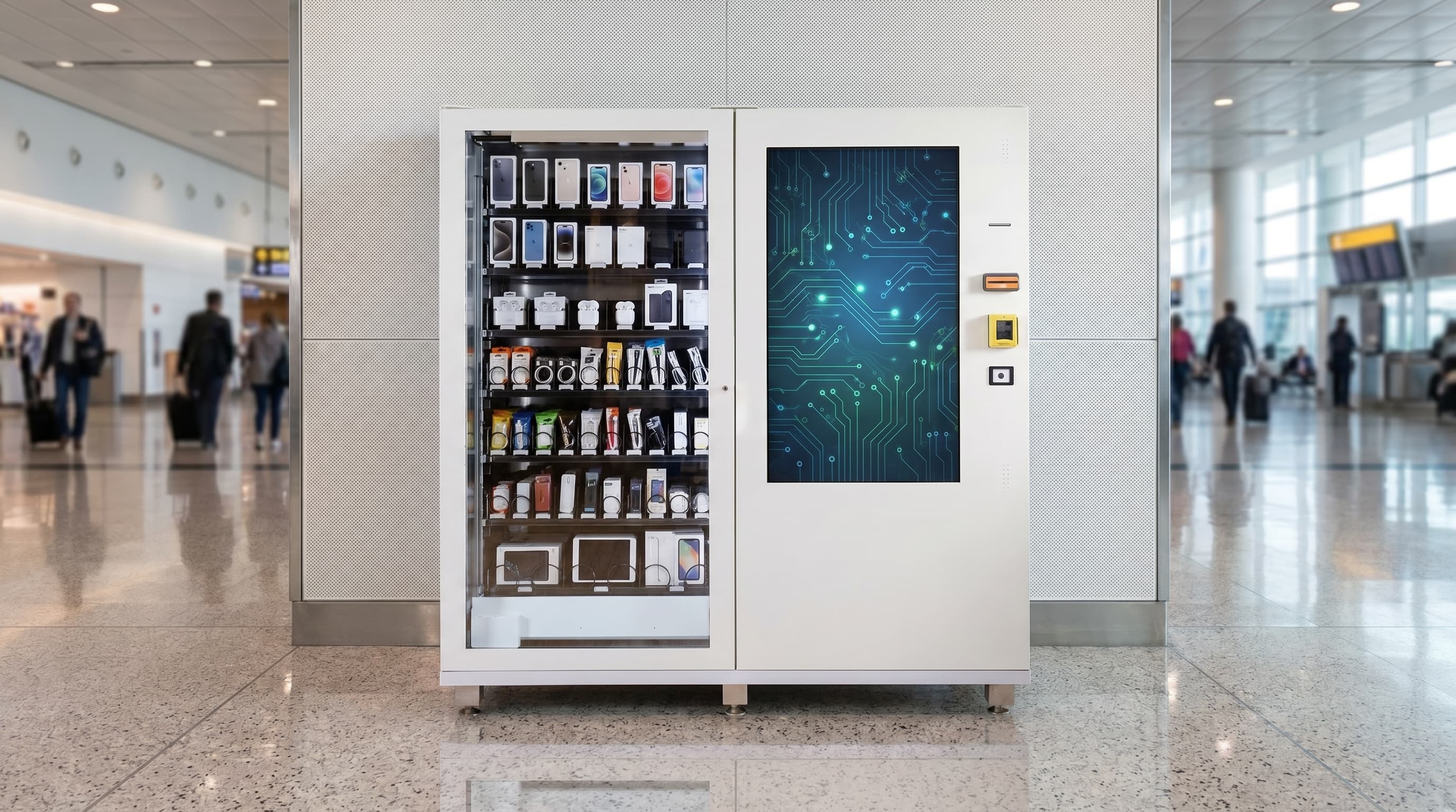 Smart touchscreen vending machine stocked with cell phones and electronics accessories