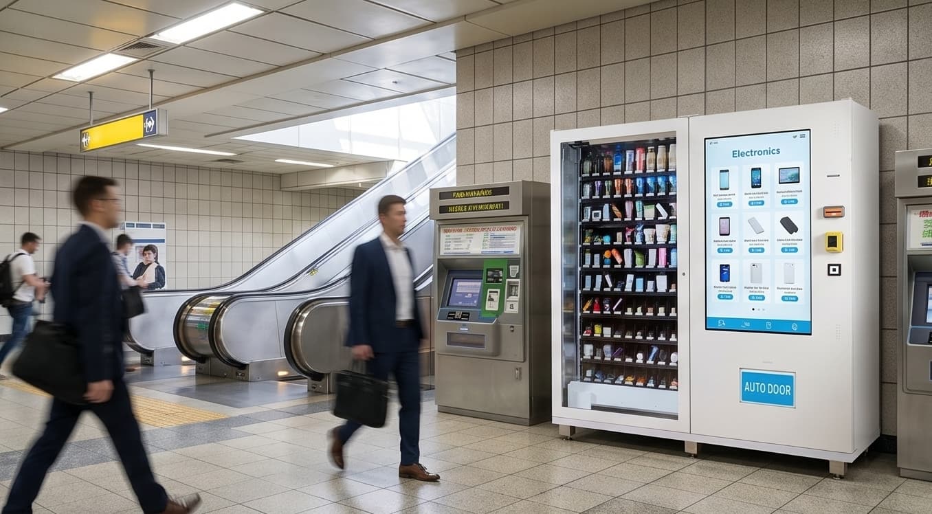 Large-format electronics vending machine in a transit hub retail setting