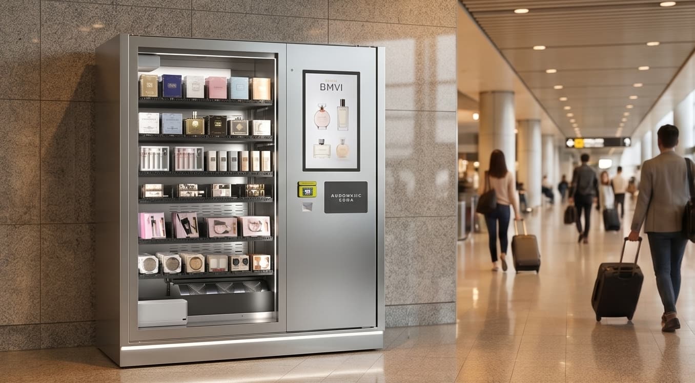 Luxury fragrance vending machine in an airport duty-free retail setting