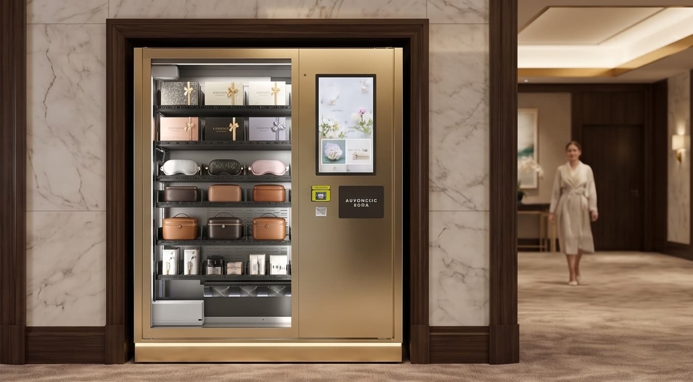 Luxury fragrance vending machine in a hotel lobby boutique corner