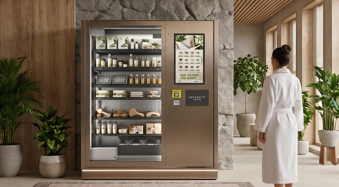 Luxury retail vending machine with premium beauty products in a resort spa setting