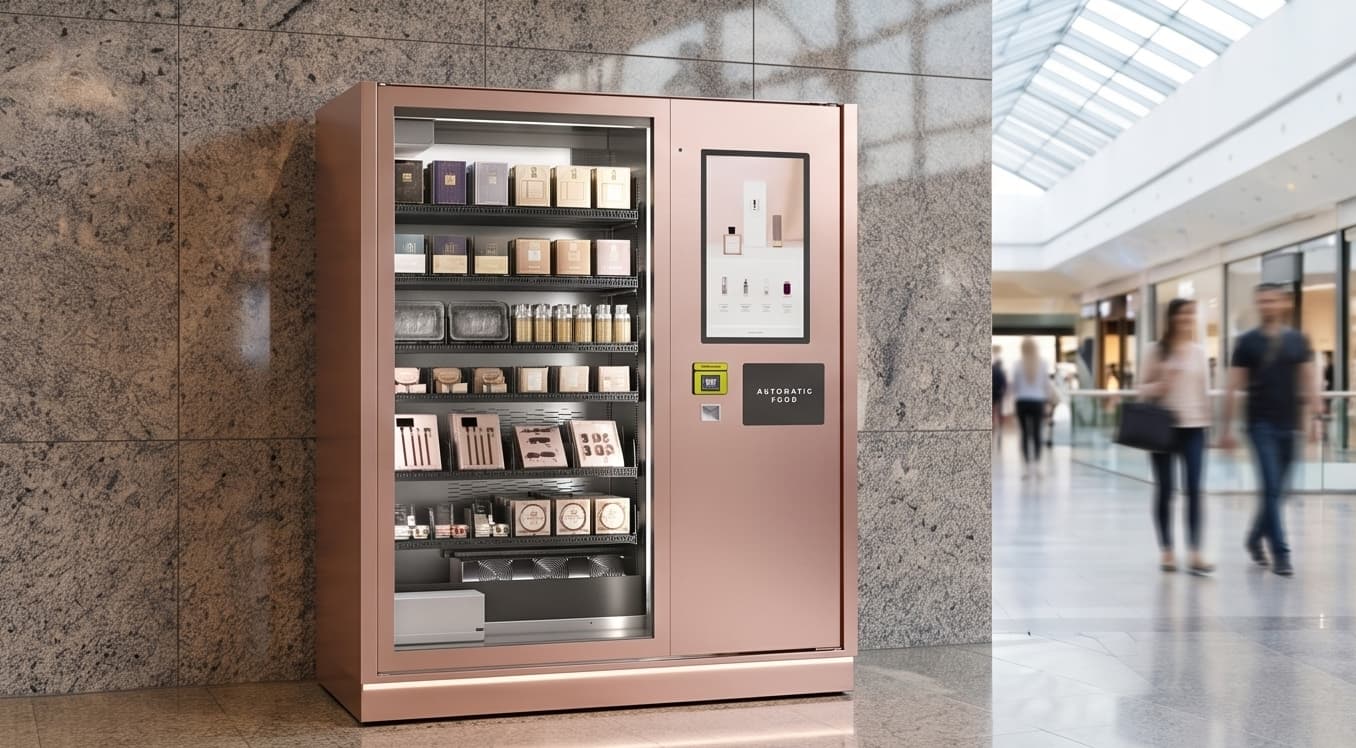 Luxury beauty and fragrance vending machine in an upscale shopping concourse