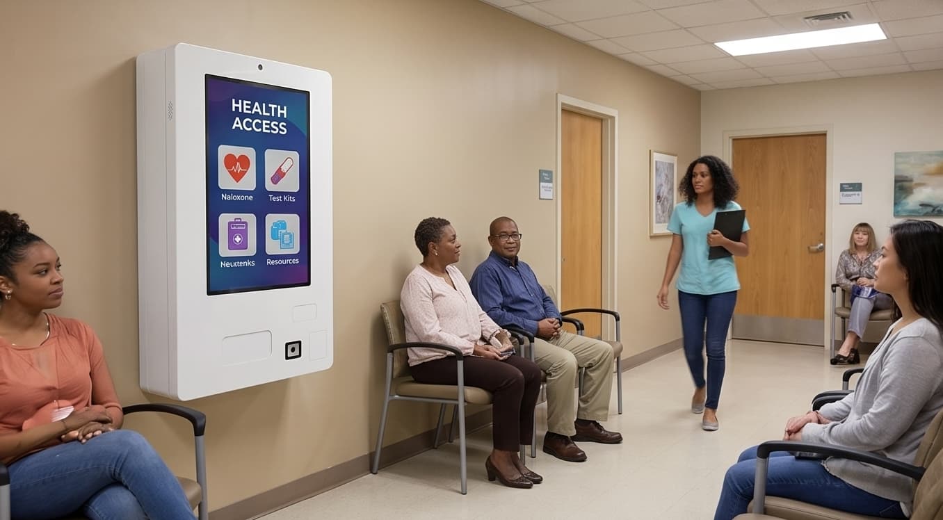 Healthcare access vending machine in a clinic waiting-room setting