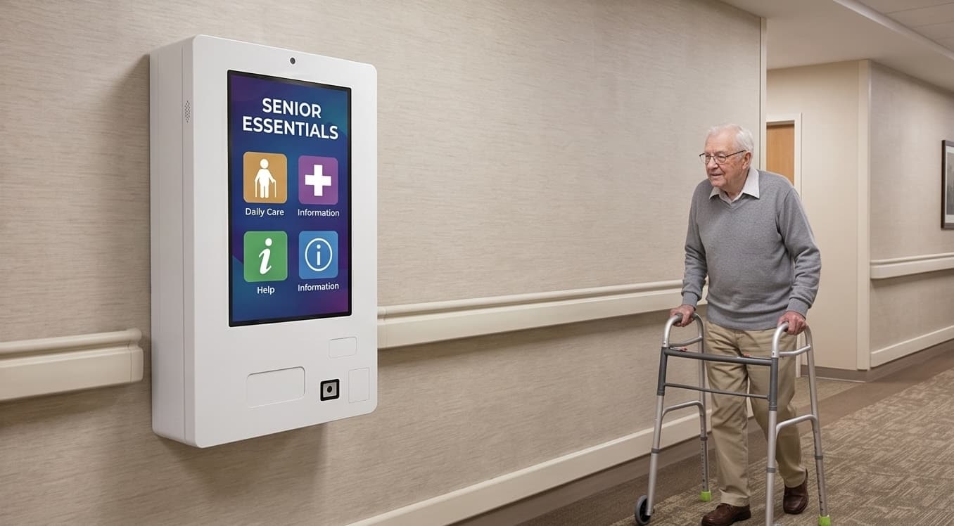 Wellness vending machine in a senior living common-area corridor