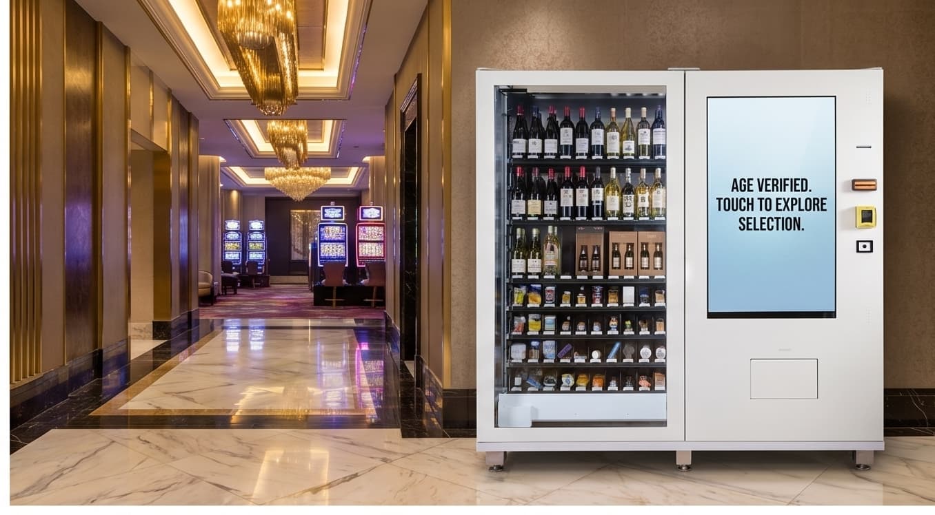 Age-verified liquor vending machine in a casino or entertainment corridor