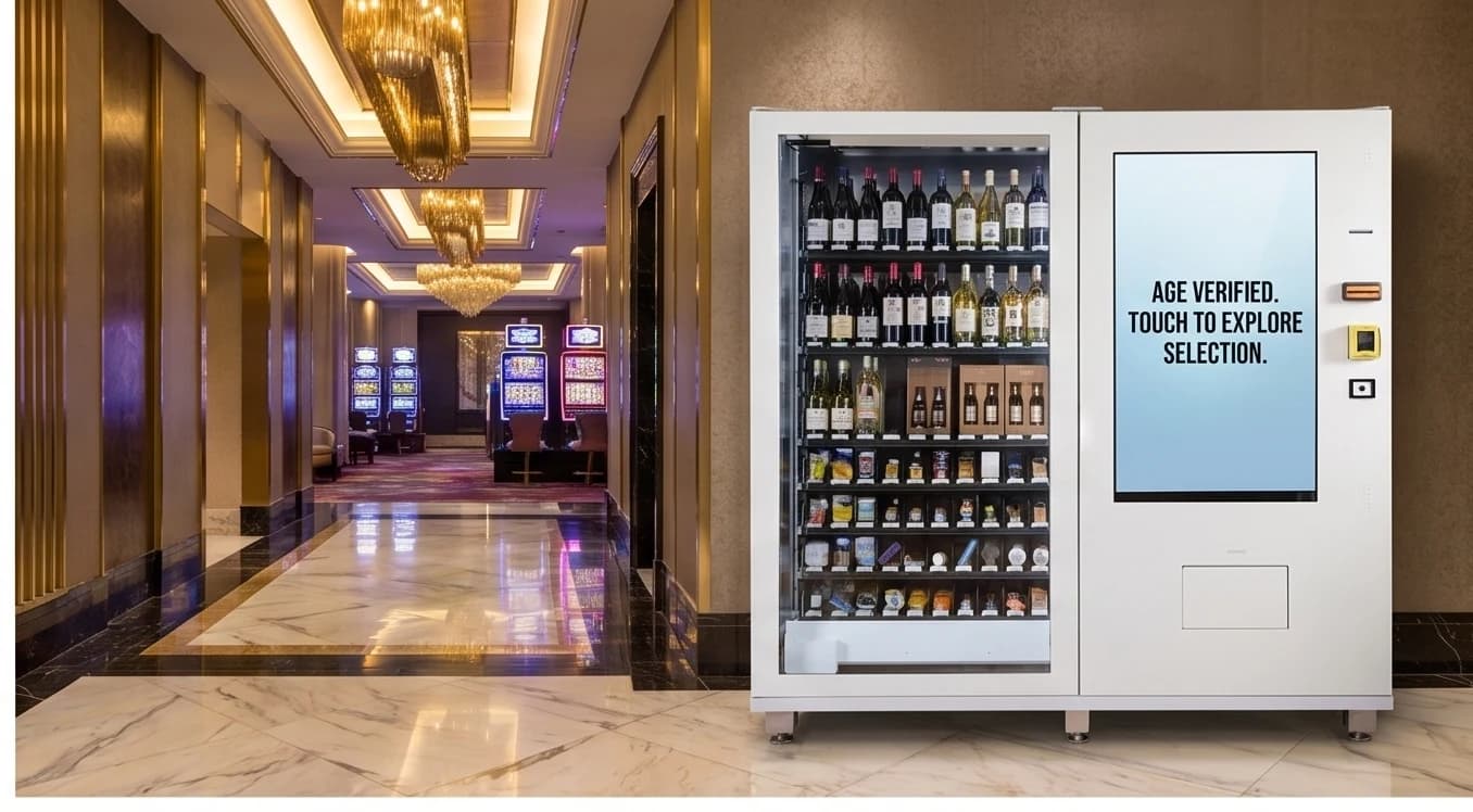 Liquor vending machine in a casino corridor retail setting
