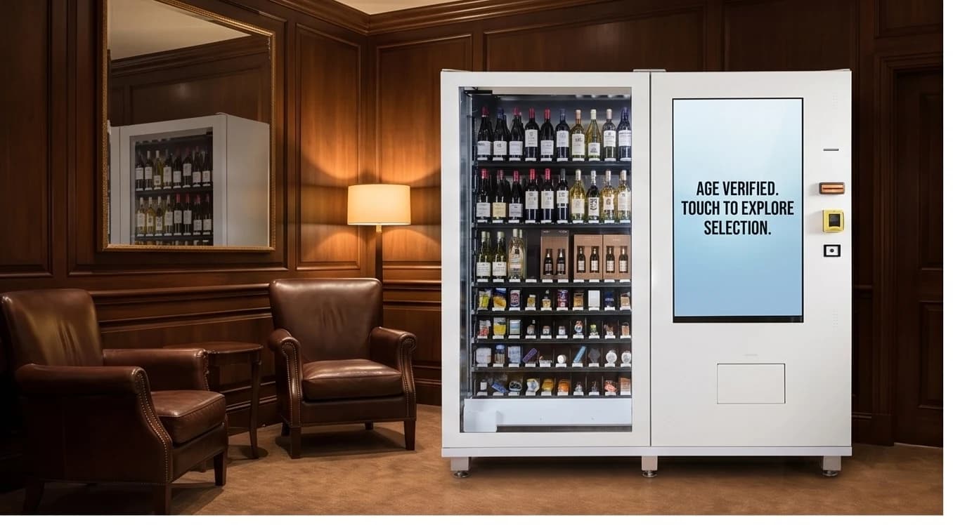 Wine and spirits vending machine in a hotel lounge retail environment