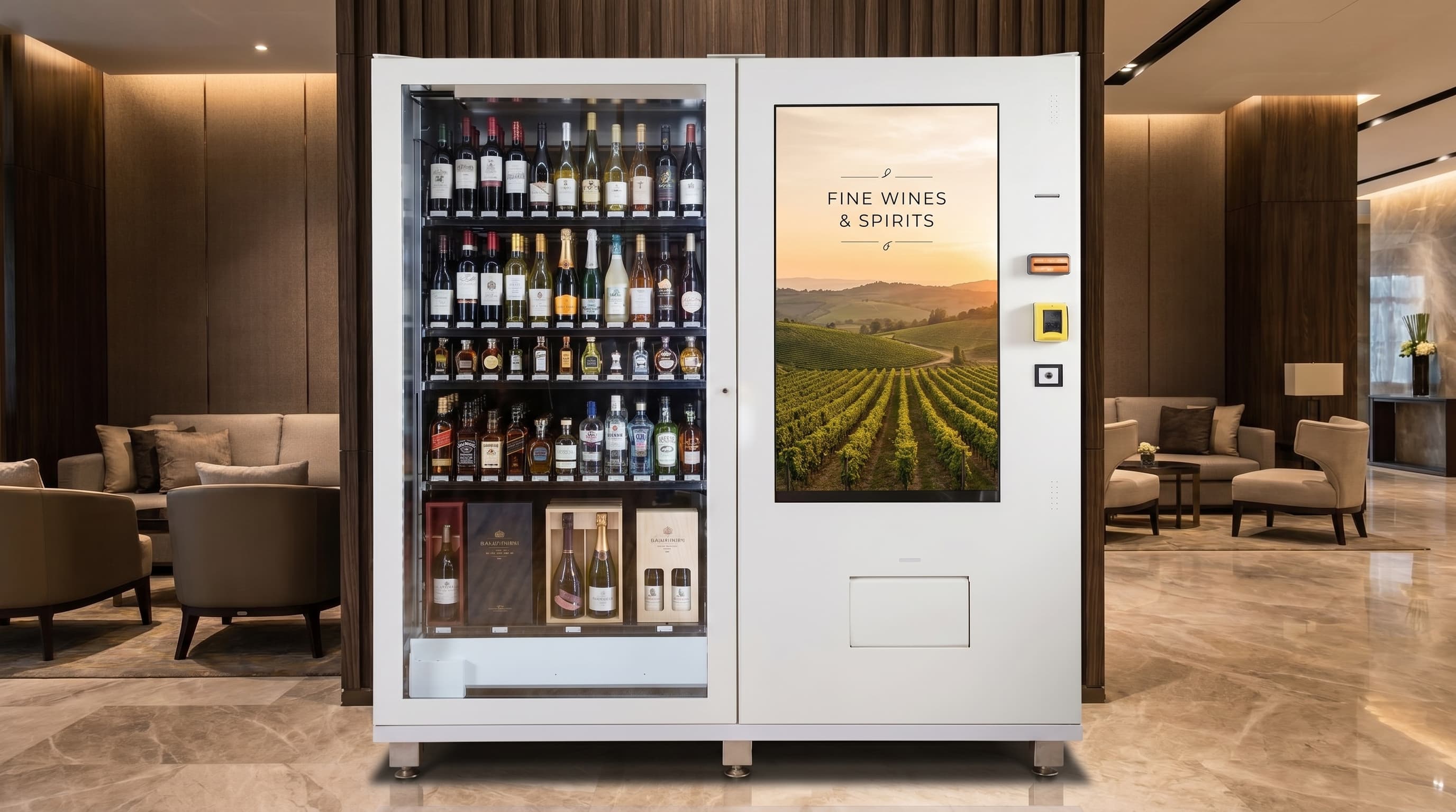 Wine and liquor vending machine in a premium licensed hospitality venue
