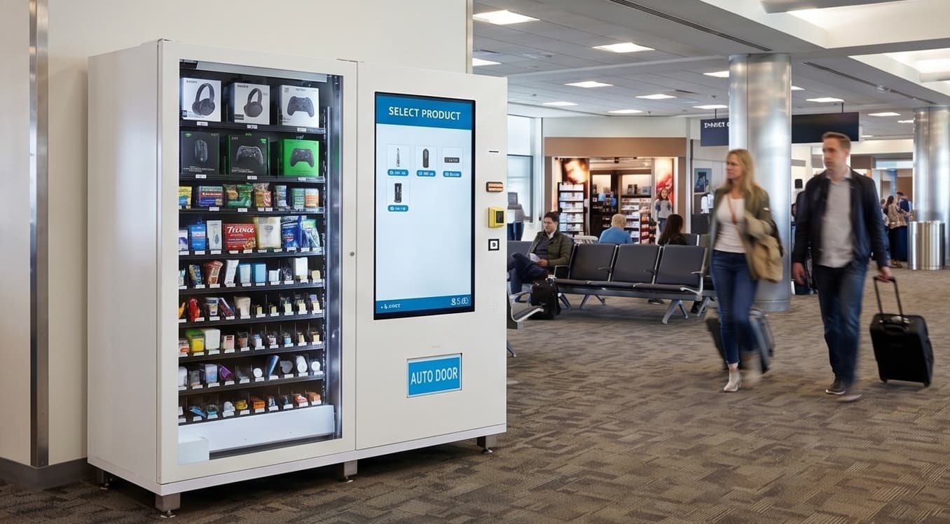 Large-format controlled-access vending machine in an airport retail setting