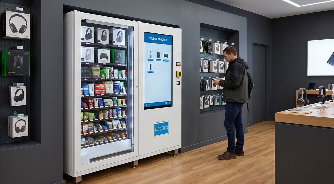 Controlled-dispensing vending machine for high-value electronics in a retail store