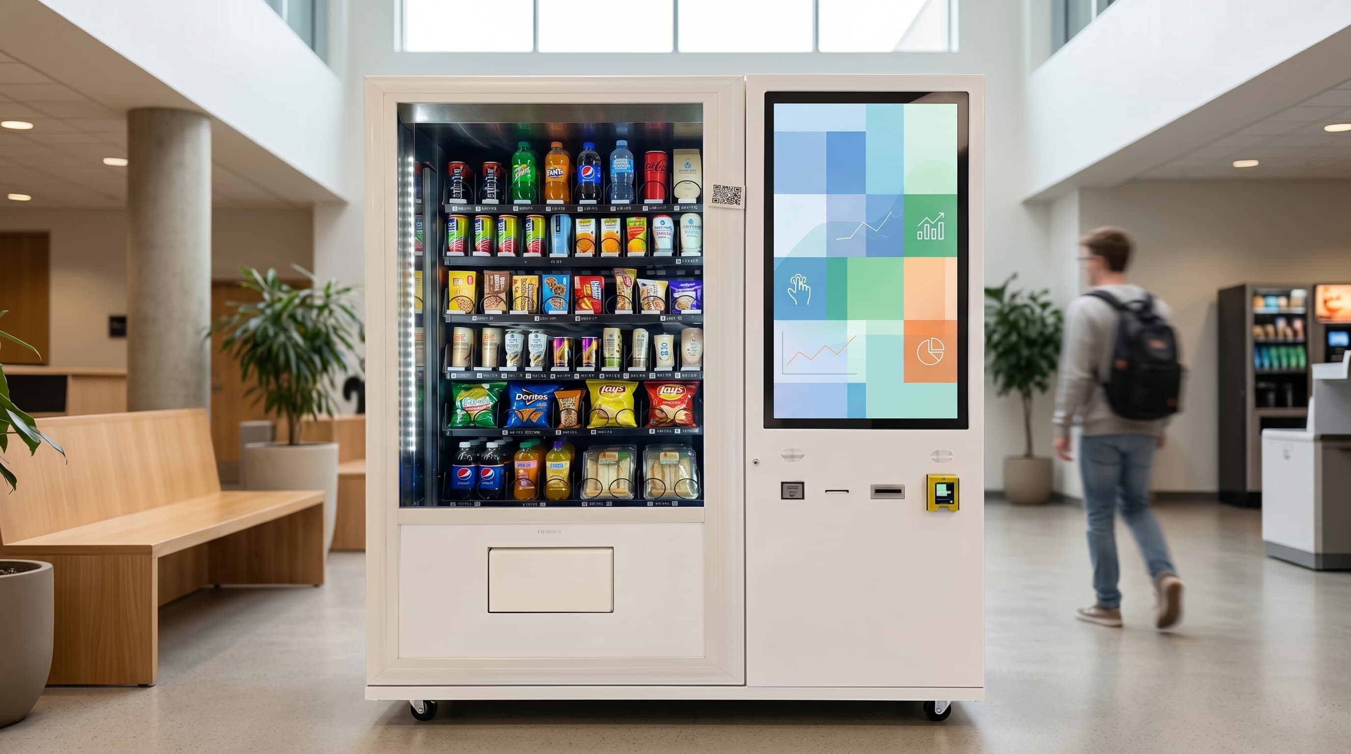 DMVI smart vending machine in a workplace common area with an analytics-themed screen presentation