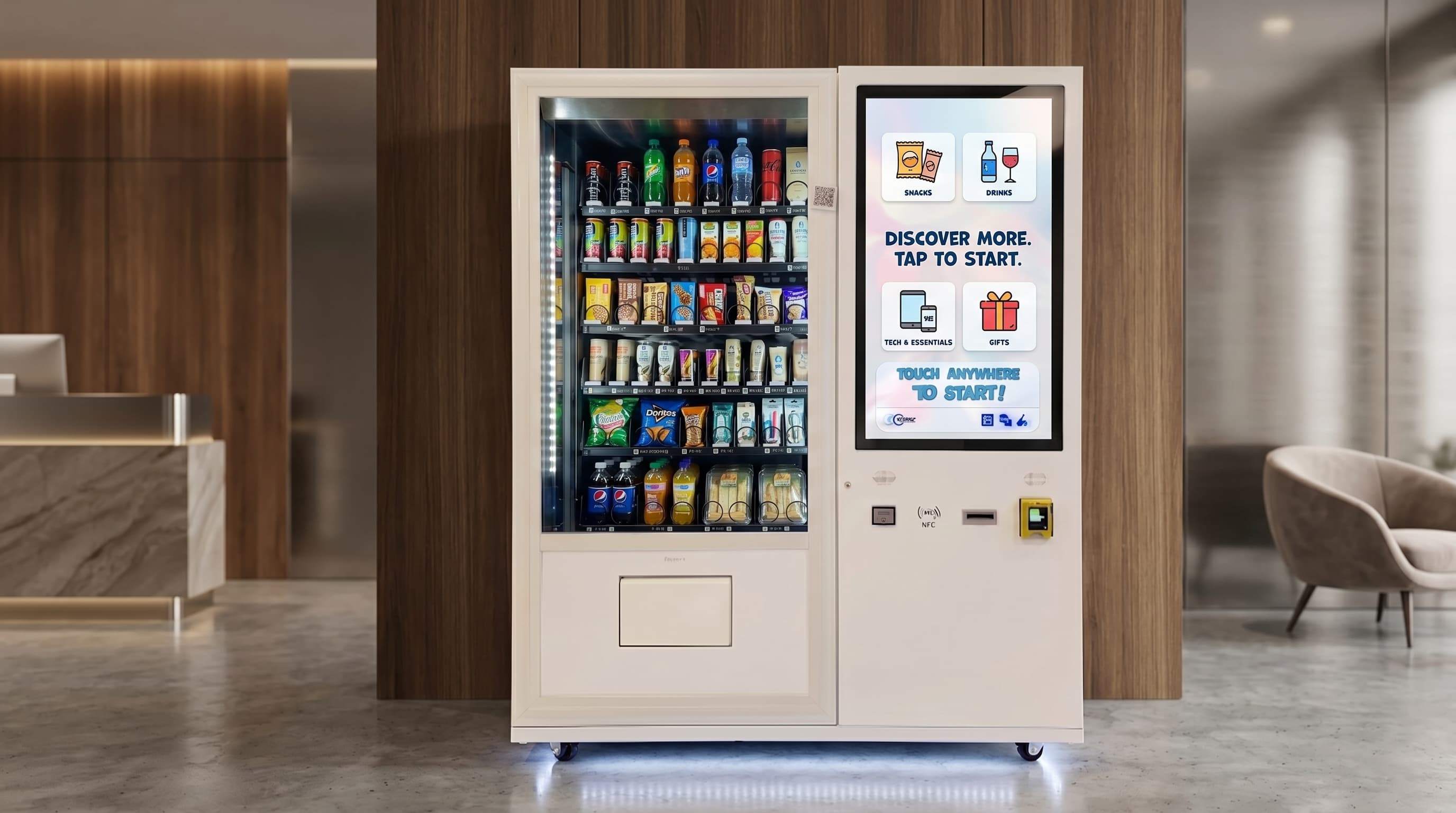 DMVI smart vending machine in a polished hotel lobby convenience setting
