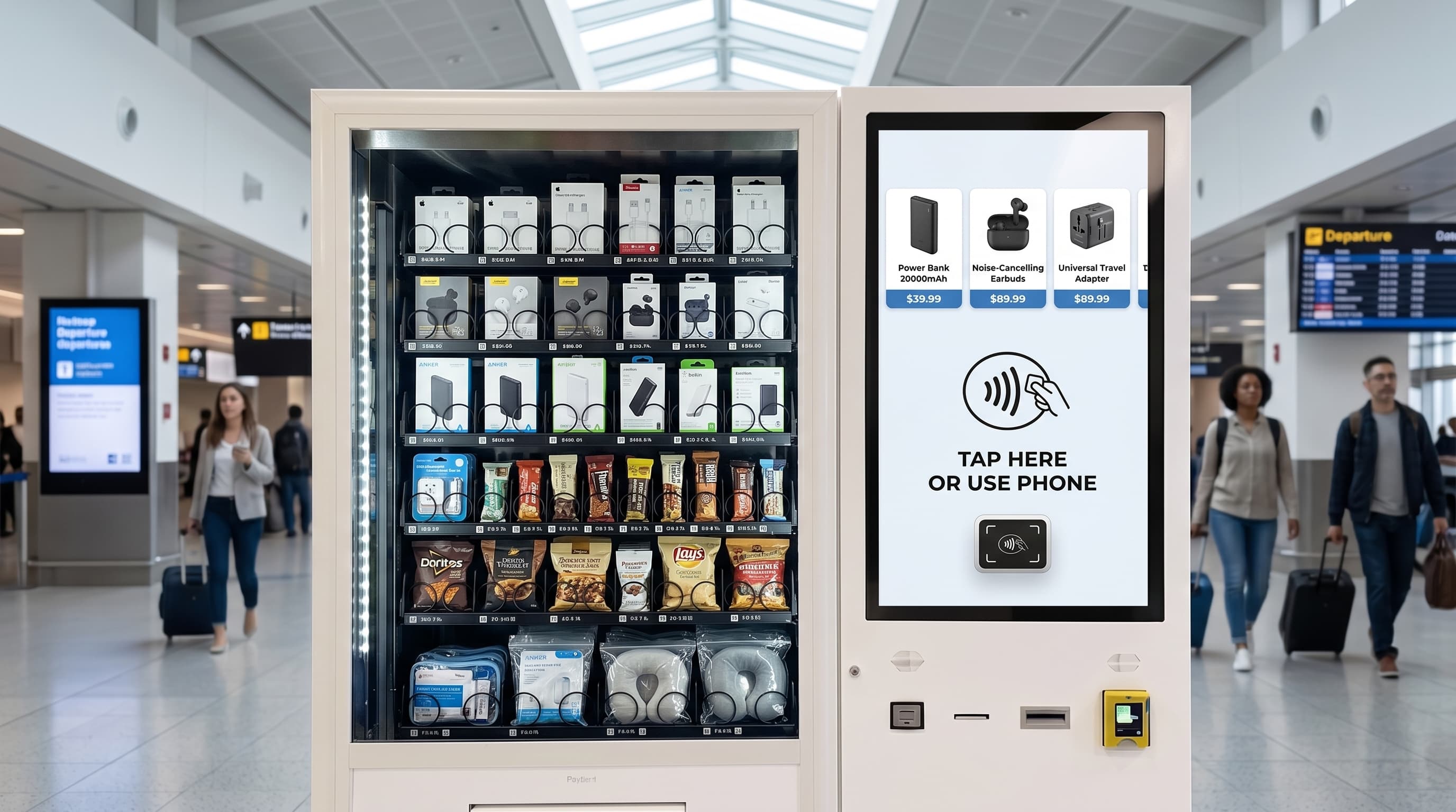 DMVI smart vending machine with cashless payment-ready interface in an airport concourse