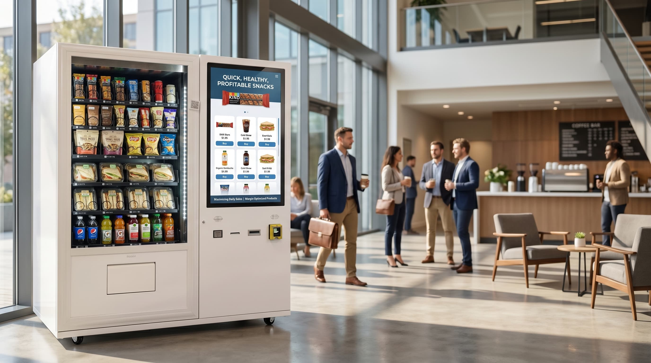 DMVI smart vending machine in a busy office campus retail setting