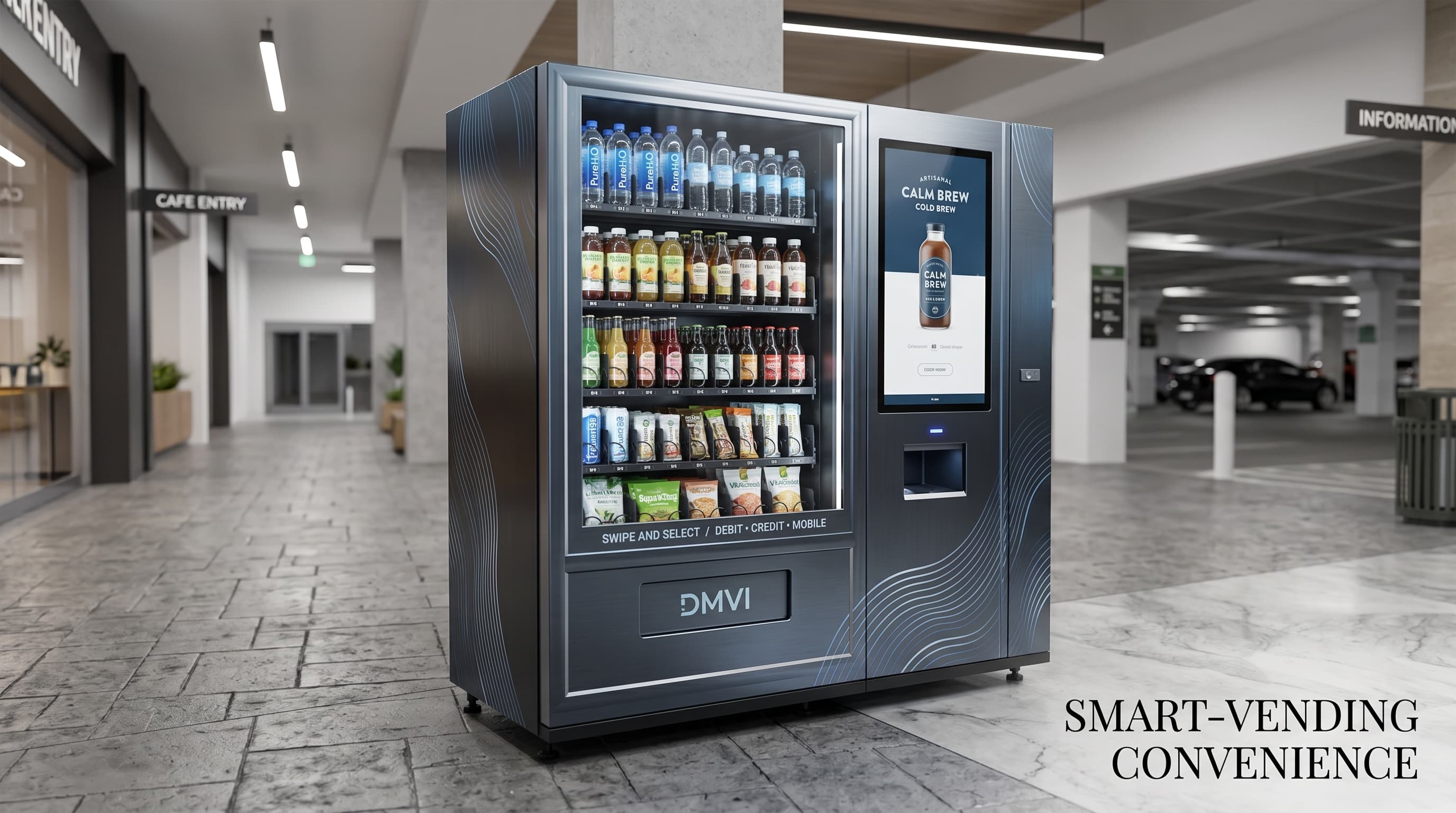DMVI smart vending machine installed in a modern public retail corridor