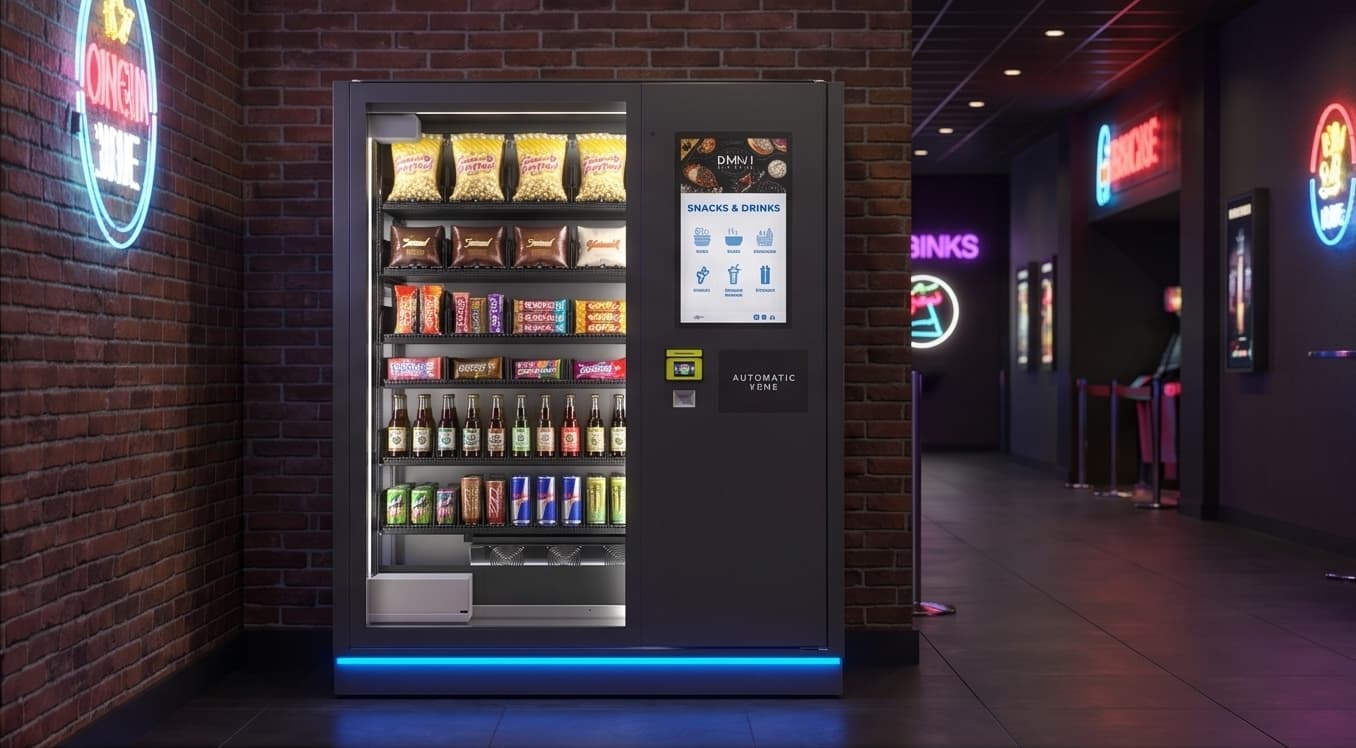 Snack and specialty food vending machine in an entertainment venue corridor