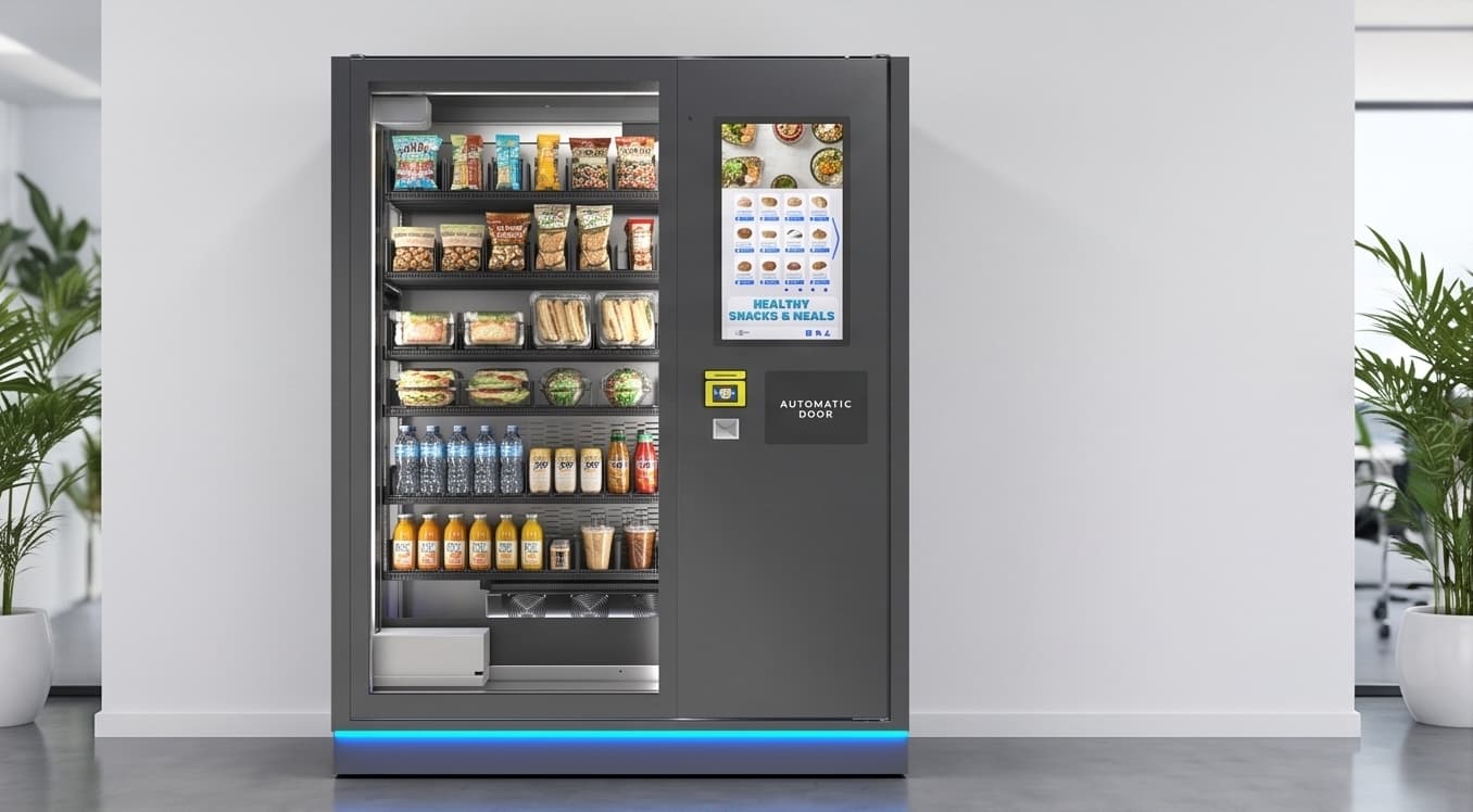 Snack and beverage vending machine in an office amenity point