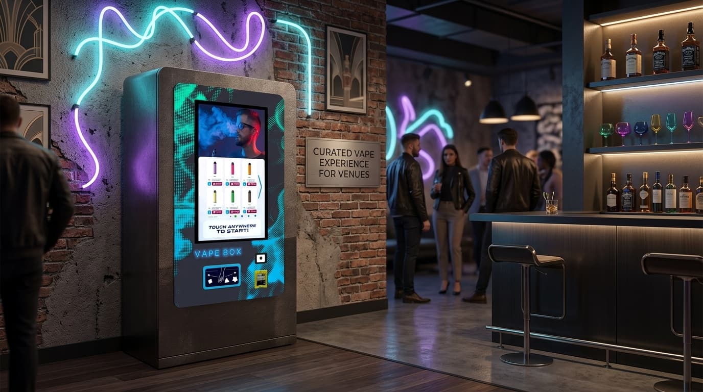 DMVI vape vending machine installed in an upscale adult-venue lounge
