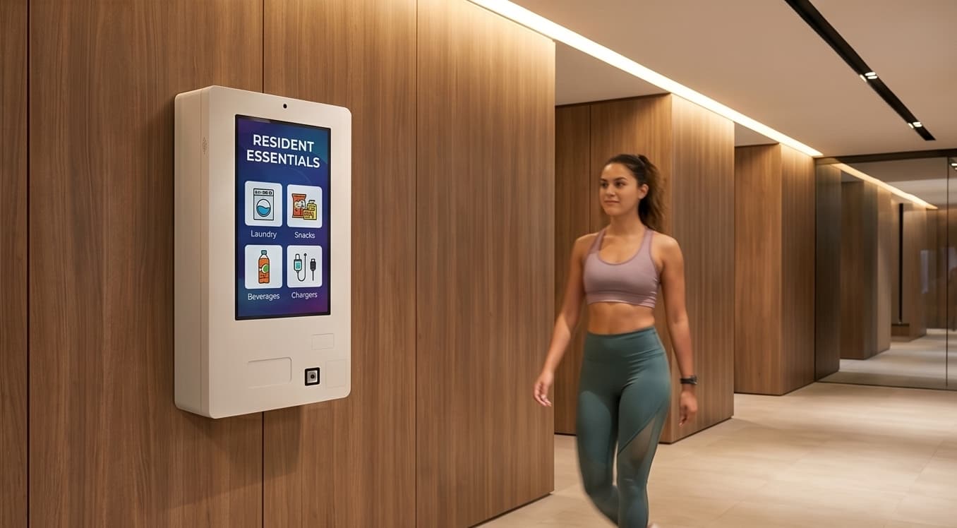Wall-mounted vending machine in an apartment amenity hallway