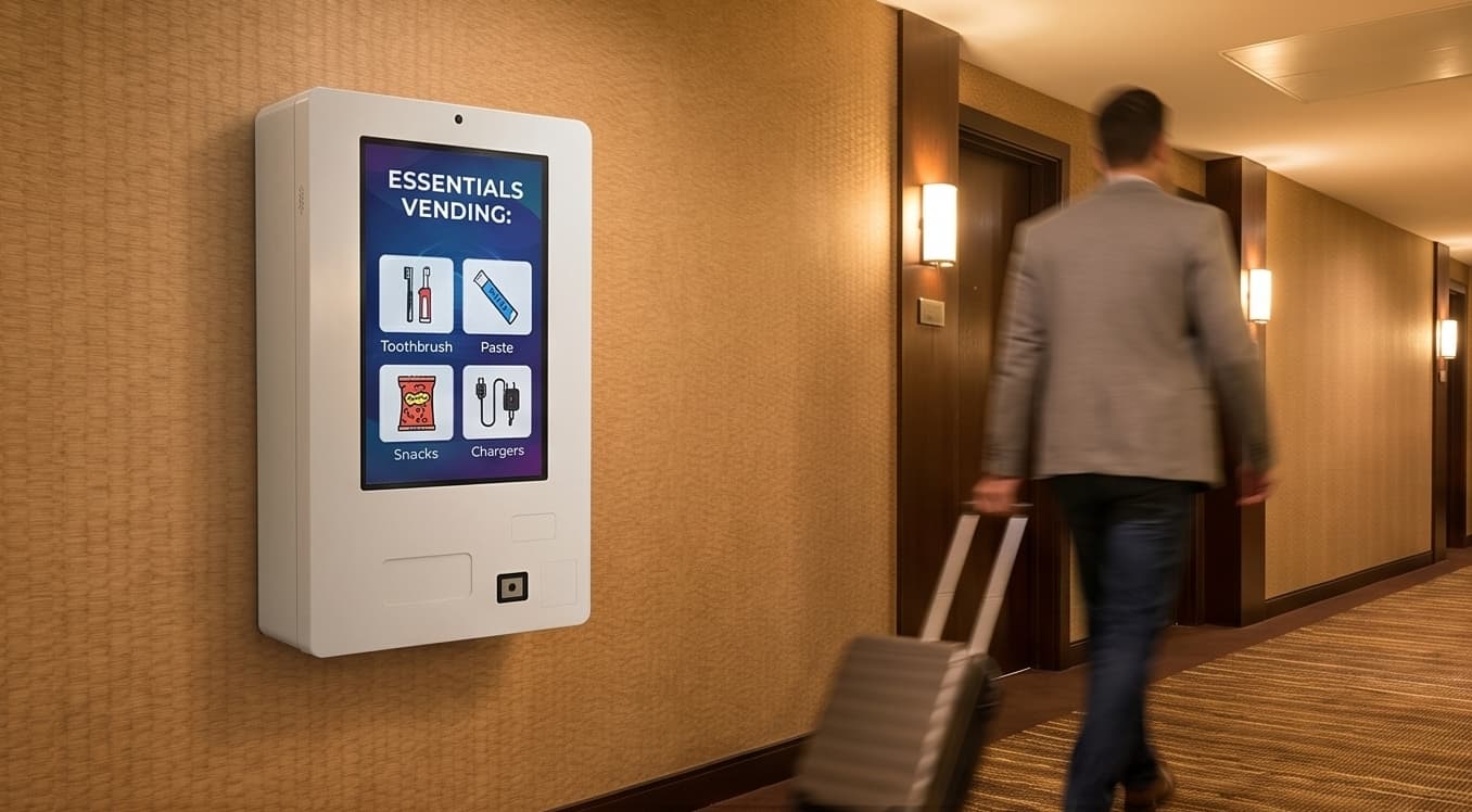 Wall-mounted essentials vending machine in a hotel corridor