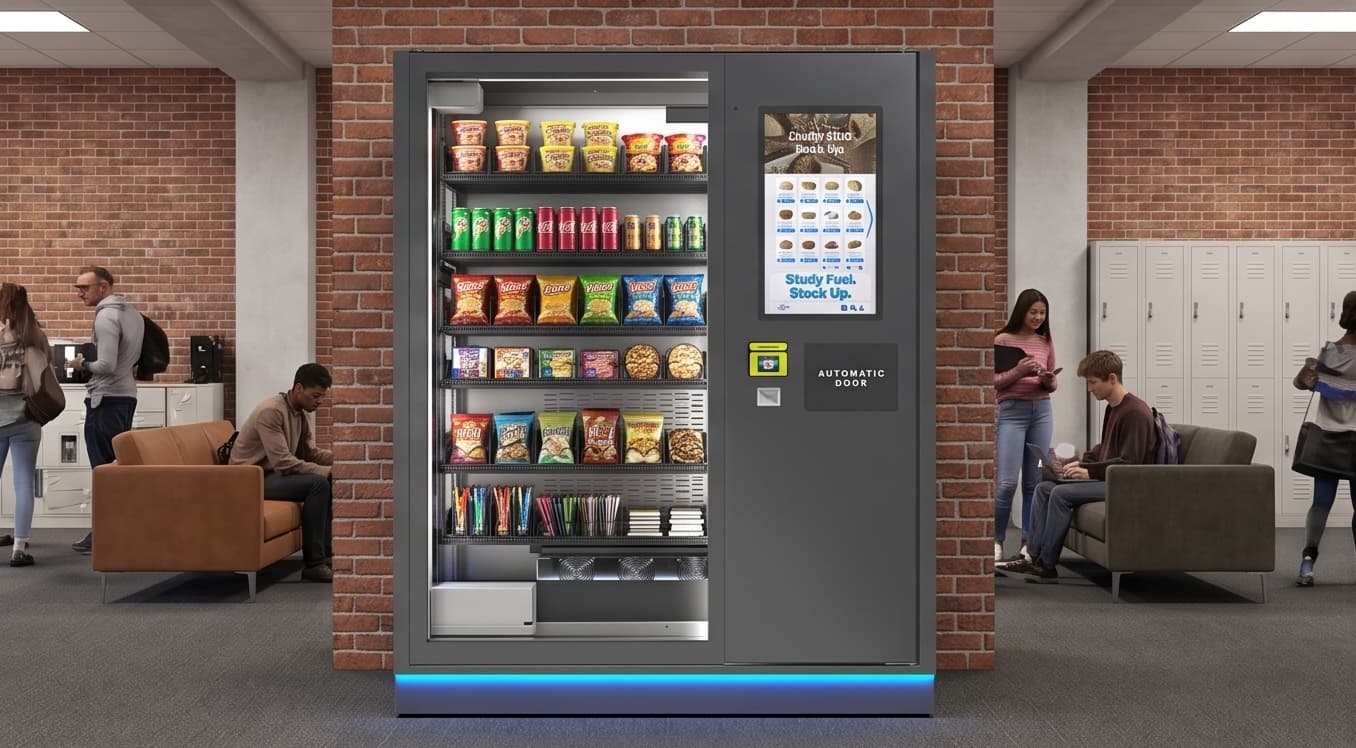 Custom vending machine in a campus common area