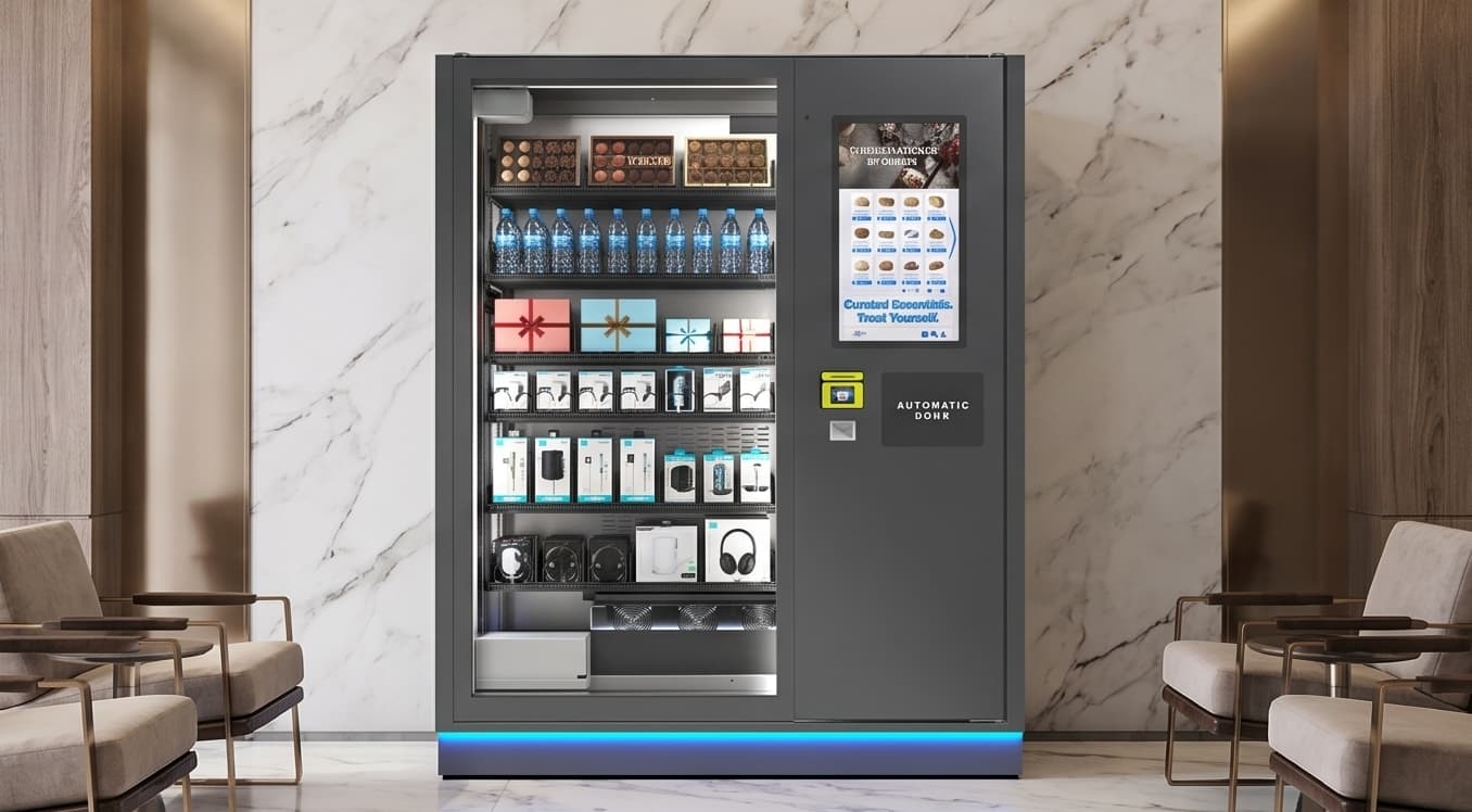 Custom vending machine in a corporate lobby retail corner