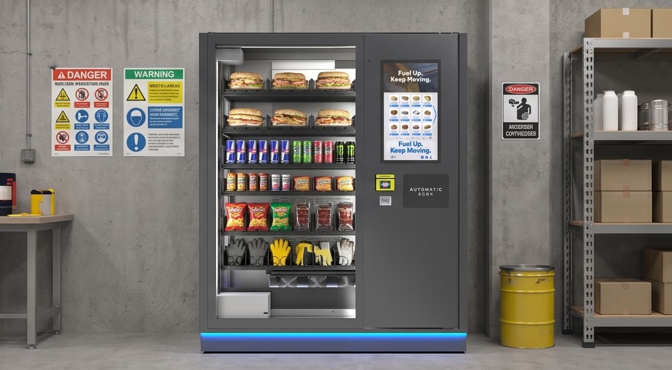 Custom vending machine in an industrial workplace amenity space