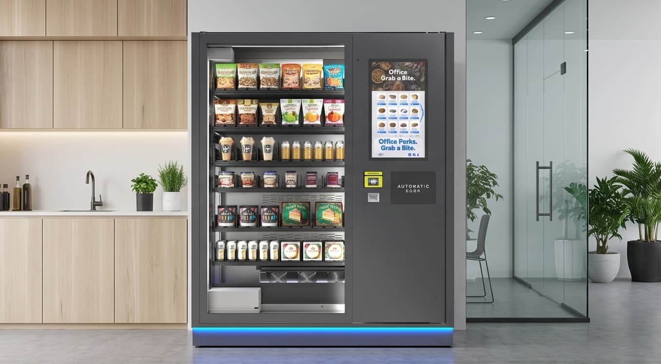 Modern snack vending machine in an office break area