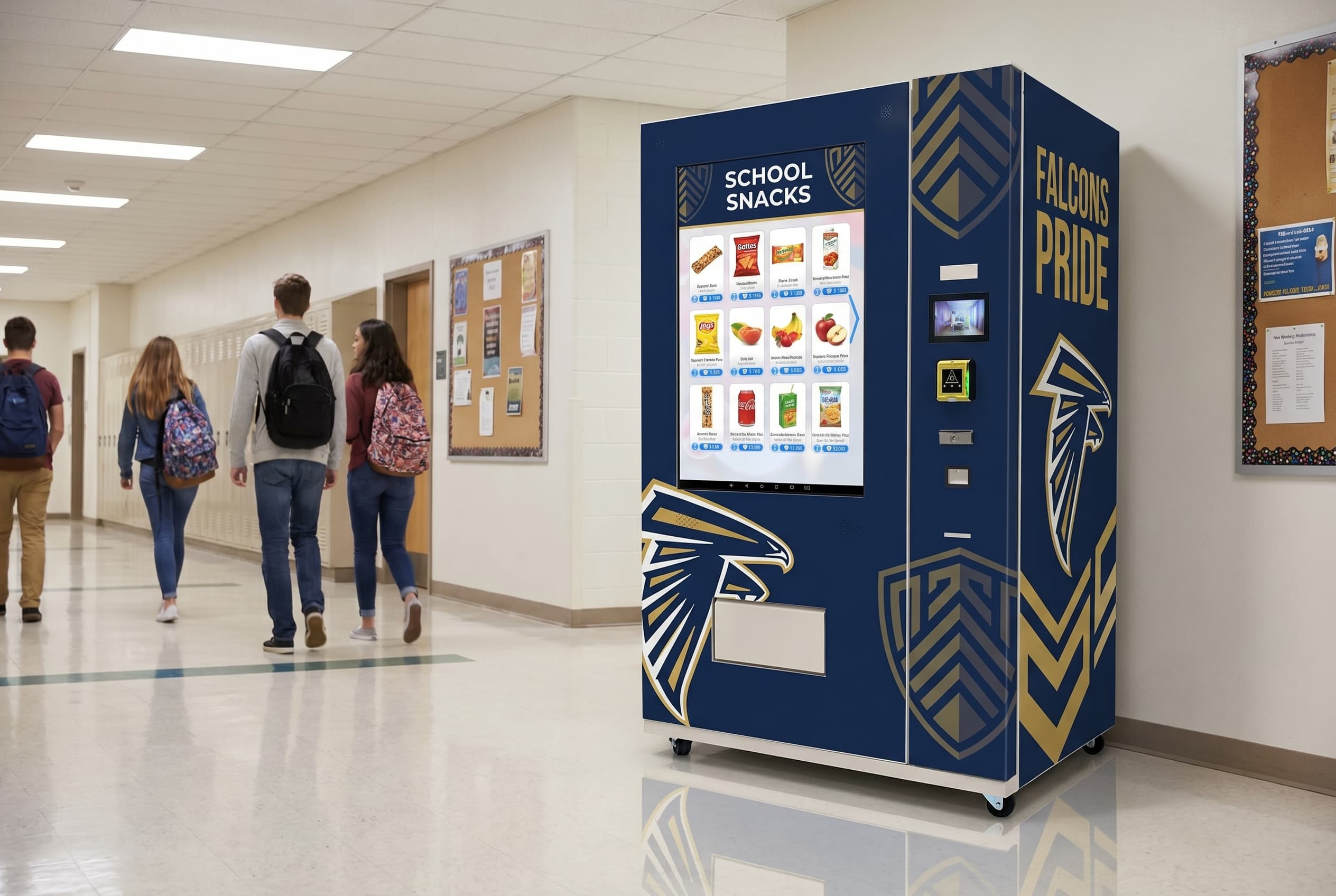 School-branded healthy vending machine in a student hallway