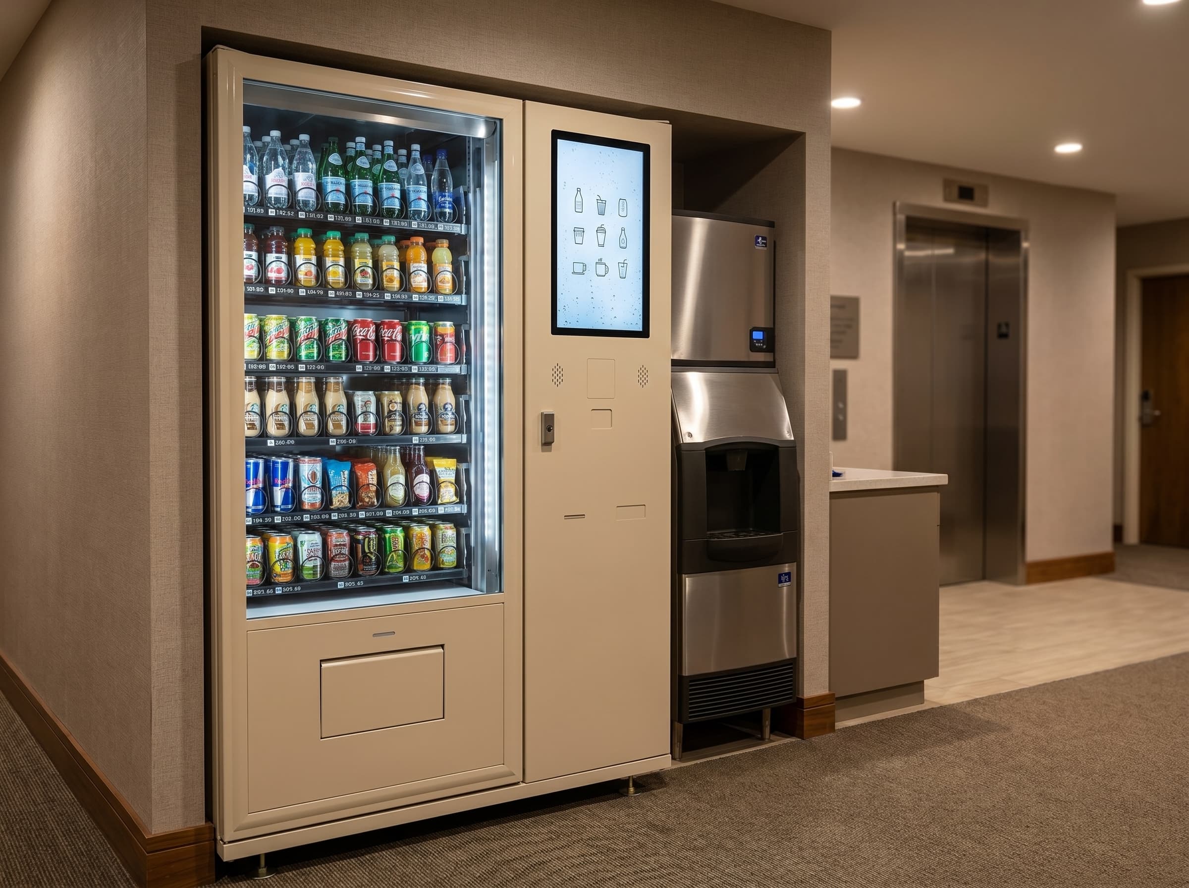 Beverage vending machine in a hotel guest-floor amenity alcove