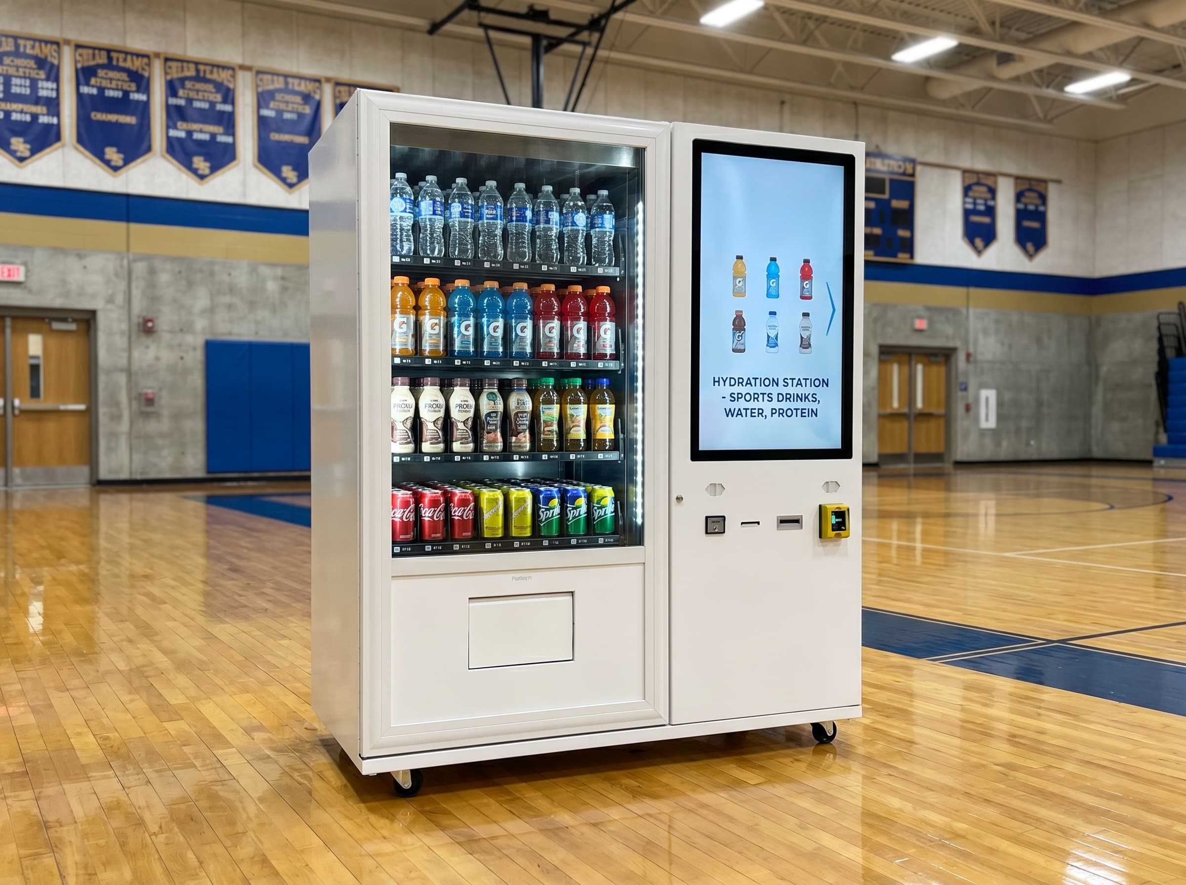 Beverage vending machine in a school gym