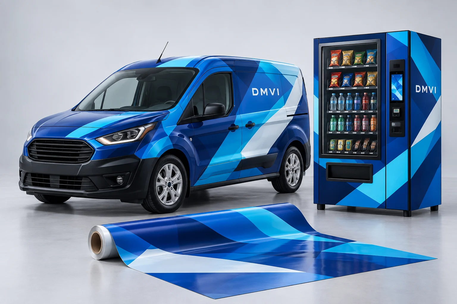 Illustrative wrap concept: a cargo van, vending machine and vinyl roll with coordinated blue graphics.