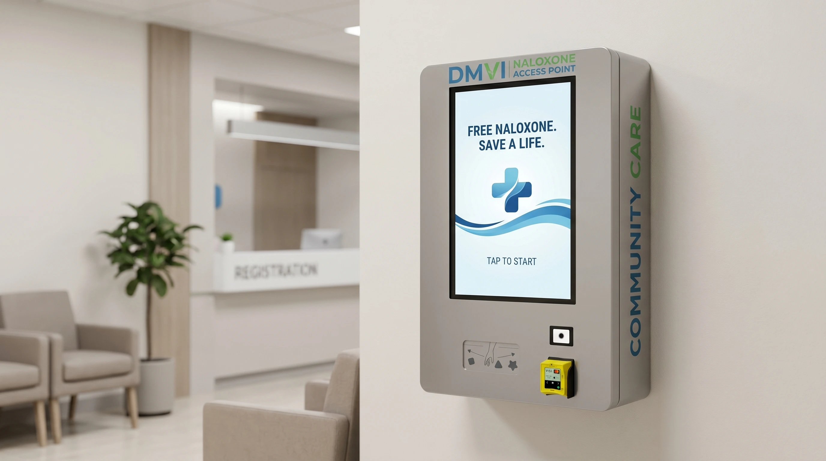 Narcan vending machine in a medical lobby