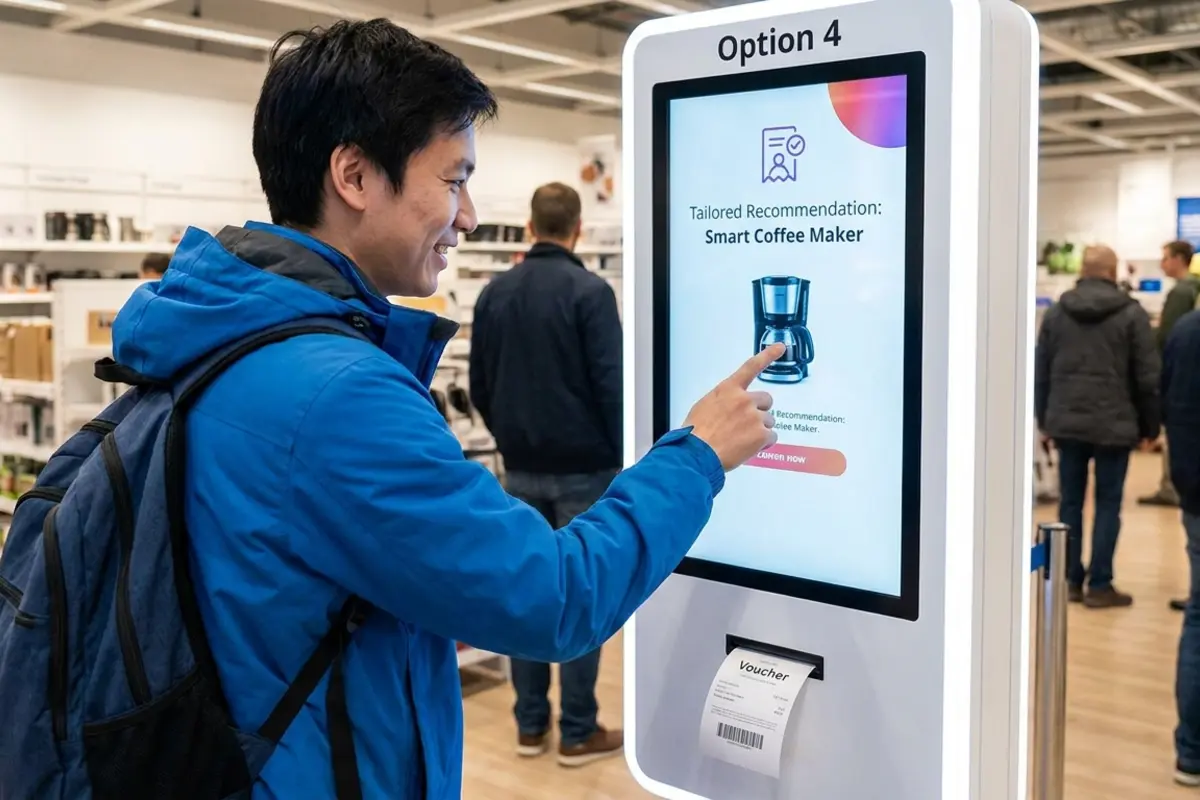 Customer using a customized interactive touchscreen on a modern vending machine