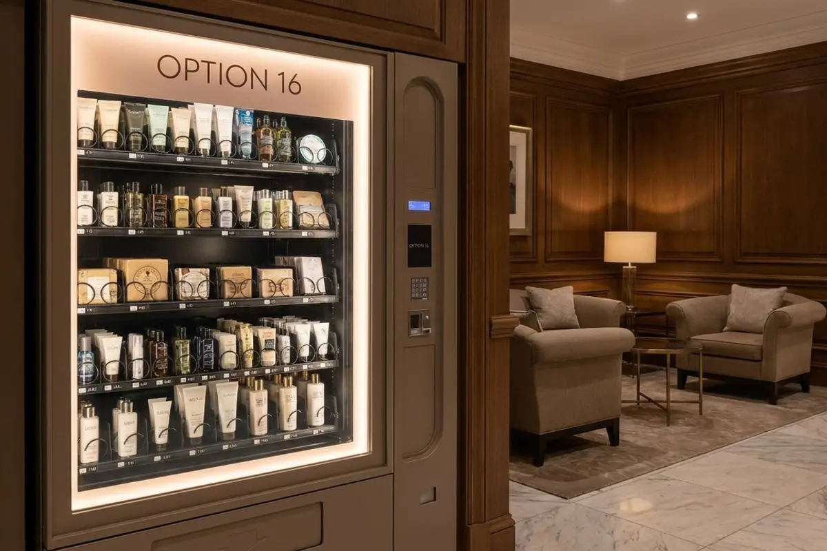 Customized vending machine dispensing personal care products in a luxury hotel lobby